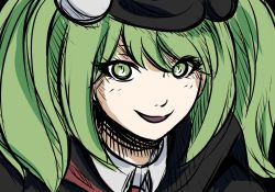 Rule 34 | 1girl, bear hair ornament, black background, black headwear, child, close-up, collared jacket, collared shirt, danganronpa (series), danganronpa 3 (anime), danganronpa another episode: ultra despair girls, ears, eyebrows, female focus, green eyes, green hair, hair ornament, jacket, leari (leariqa), long hair, looking at viewer, non porn, nose, open mouth, red neckwear, shirt, simple background, solo, towa monaca, twintails, upper body