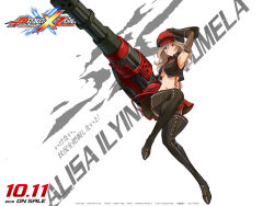 Rule 34 | 10s, 1girl, alisa ilinichina amiella, arm up, armpits, blue eyes, boots, breasts, brown hair, cabbie hat, character name, crop top, elbow gloves, fingerless gloves, full body, gloves, god eater, gun, hair between eyes, hat, legs, long hair, looking at viewer, midriff, namco, navel, official art, pantyhose, parted lips, plaid, plaid skirt, project x zone, skirt, solo, suspenders, thigh boots, thighhighs, underboob, weapon