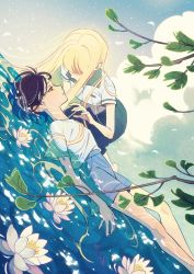 Rule 34 | 2girls, a summer cold, blue eyes, blue shorts, branch, cloud, collared shirt, flower, hair behind ear, highres, leaf, long hair, lying, multiple girls, on back, parted lips, partially submerged, shirt, shirt tucked in, short hair, shorts, sky, soorin, water, white flower, white shirt, yui (a summer cold), yuri (a summer cold)