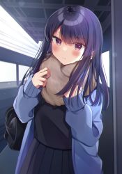 Rule 34 | 1girl, bad id, bad pixiv id, bag, black shirt, black skirt, blue jacket, blush, brown scarf, closed mouth, commentary request, fur scarf, highres, jacket, long hair, looking at viewer, minami saki, open clothes, open jacket, original, pleated skirt, purple eyes, purple hair, scarf, school bag, school uniform, shirt, skirt, solo