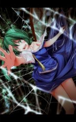 Rule 34 | 1girl, bad id, bad pixiv id, daiyousei, female focus, green eyes, green hair, highres, letterboxed, matching hair/eyes, open mouth, outstretched hand, side ponytail, silk, solo, spider web, tears, torn clothes, touhou, tsukishiro saika, wings
