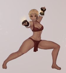 Rule 34 | 1girl, abs, absurdres, bad id, bad tumblr id, bare legs, bare shoulders, barefoot, black gloves, blonde hair, bra, breasts, cleavage, commentary, commission, facial tattoo, final fantasy, final fantasy xiv, fingerless gloves, full body, fur trim, gloves, grey background, hand up, highres, hyur, large breasts, legs apart, lipstick, looking at viewer, makeup, matilda fiship, navel, original, panties, parted lips, red bra, red lips, red panties, short hair, simple background, smile, solo, standing, tattoo, toned, underwear, very short hair, yellow eyes