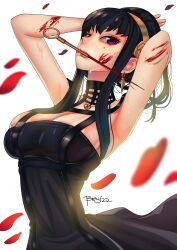 Rule 34 | 1girl, absurdres, artist name, black hair, blood, breasts, female focus, highres, large breasts, long hair, red eyes, spy x family, text focus, tort9, weapon, yor briar