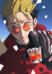 Rule 34 | 1boy, black gloves, black hair, blonde hair, blue eyes, cup, drinking glass, earrings, glasses, gloves, hand up, highres, holding, holding cup, jacket, jewelry, looking at viewer, male focus, mix (wkupmix), mole, mole under eye, multicolored hair, orange-tinted eyewear, parted lips, red jacket, round eyewear, short hair, shot glass, single earring, smile, solo, tinted eyewear, trigun, two-tone hair, upper body, vash the stampede