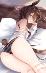 Rule 34 | 1girl, amiya (arknights), animal ears, arknights, ass, blue eyes, blush, bra, breasts, brown hair, choker, commentary request, hair between eyes, highres, jewelry, long hair, long sleeves, looking at viewer, looking back, lying, medium breasts, multiple rings, neco meito, on bed, on side, panties, rabbit ears, rabbit tail, ring, shirt, sidelocks, solo, striped clothes, striped panties, tail, thighs, thumb ring, underwear, very long hair, white shirt
