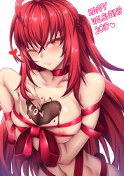 Rule 34 | 1girl, 2017, ;), ahoge, areola slip, blush, breast hold, breasts, chocolate, chocolate on body, chocolate on breasts, closed mouth, collarbone, dated, elesis (elsword), elsword, fi-san, food on body, half updo, happy valentine, heart, heart-shaped pupils, large breasts, long hair, naked ribbon, one eye closed, red eyes, red hair, red ribbon, ribbon, smile, solo, symbol-shaped pupils, upper body, very long hair