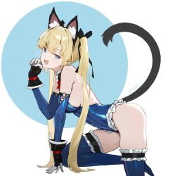 Rule 34 | 1girl, :d, animal ear fluff, animal ears, black gloves, black ribbon, blonde hair, blue background, blue eyes, blue leotard, blue thighhighs, breasts, cat ears, cat tail, dead or alive, fake animal ears, fake tail, frilled thighhighs, frills, gloves, hair ribbon, kneeling, leotard, long hair, looking at viewer, marie rose, medium breasts, open mouth, ribbon, siino, smile, solo, tail, thighhighs, twintails, two-tone background, white background