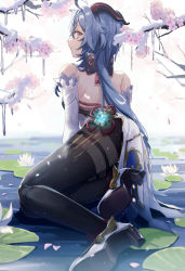 Rule 34 | 1girl, absurdres, ahoge, arm rest, backless outfit, bare shoulders, black pantyhose, blue hair, bodysuit, cherry blossoms, closed mouth, detached sleeves, flower, from behind, ganyu (genshin impact), genshin impact, goat horns, hair between eyes, high heels, highres, horns, looking back, lotus, lying, pantyhose, pond, purple eyes, snow, tassel, thighband pantyhose, uina, vision (genshin impact), water, white sleeves