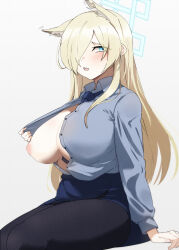 Rule 34 | 1girl, absurdres, animal ear fluff, animal ears, between breasts, black pantyhose, blonde hair, blue archive, blue eyes, blue shirt, blue skirt, blush, breasts, collared shirt, fon (96nokimihito), hair over one eye, halo, highres, kanna (blue archive), large breasts, long hair, long sleeves, looking at viewer, necktie, necktie between breasts, nipples, one breast out, open mouth, pantyhose, shirt, shirt tucked in, simple background, sitting, skirt, solo, teeth, upper teeth only, white background