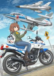 Rule 34 | 1girl, 3others, absurdres, aircraft, airplane, blue eyes, blue pants, blue sky, boots, brown footwear, brown gloves, brown hair, chain-link fence, closed mouth, cloud, cloudy sky, commentary request, day, denim, english text, f-104, f-104 starfighter, f-105, f-105 thunderchief, feathers, fence, fighter jet, gloves, green jacket, highres, holding, jacket, jeans, jet, light frown, logo, long sleeves, looking at another, mikeran (mikelan), military, military vehicle, missile, motor vehicle, motorcycle, mountain, multiple others, original, outdoors, over shoulder, pants, pilot, pilot helmet, riding, road, roundel, short hair, sign, sitting, sky, solo focus, sport bike, united states, united states air force, vehicle focus, warning sign, yamaha, yamaha fz750