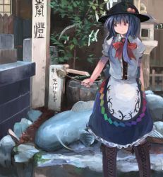 Rule 34 | 1girl, blue hair, boots, bow, cross-laced footwear, food, fruit, hat, hinanawi tenshi, ichiba youichi, ladle, long hair, outdoors, peach, puffy short sleeves, puffy sleeves, red eyes, shirt, short sleeves, skirt, solo, temple, touhou