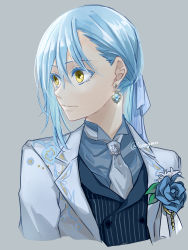 Rule 34 | 1other, absurdres, androgynous, asymmetrical bangs, black vest, blue flower, blue gemstone, blue hair, blue rose, closed mouth, colored eyelashes, cropped torso, earrings, flower, gem, grey background, grey necktie, grey shirt, highres, jacket, jewelry, long hair, necktie, open clothes, open jacket, rimuru tempest, rose, shirt, simple background, sparkle, striped clothes, striped vest, tensei shitara slime datta ken, twitter username, vertical-striped clothes, vertical-striped vest, vest, wata miya (shiro momen), white jacket, yellow eyes