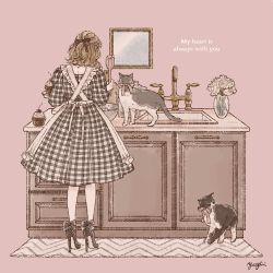 Rule 34 | 1girl, apron, black footwear, black ribbon, bow, brown hair, cat, cherry, commentary, counter, cupcake, curly hair, cutting board, dress, english commentary, english text, faucet, flower, food, footwear ribbon, frilled apron, frills, from behind, fruit, grey cat, hair ribbon, high heels, holding, holding spatula, kitchen, looking at object, mirror, mixing bowl, original, pink background, pink theme, plaid, plaid dress, pumps, ribbon, shoes, sink, spatula, stiletto heels, valentine, vase, white apron, white flower, white ribbon, yayoi (frp-y)