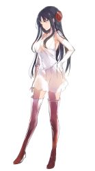Rule 34 | 1girl, bad id, bad pixiv id, black hair, boots, breasts, elbow gloves, full body, gloves, halterneck, hand on own hip, large breasts, legs apart, long hair, looking to the side, lpip, original, see-through silhouette, sidelocks, simple background, single elbow glove, single glove, skirt, solo, standing, thigh boots, thighhighs, white background, white skirt, yellow eyes