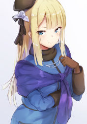 Rule 34 | 1girl, blonde hair, blue dress, blue eyes, blunt bangs, blush, bracelet, breast hold, breasts, brown gloves, dress, eric (pixiv9123557), fate/grand order, fate (series), flower, gloves, hair flower, hair ornament, hair ribbon, hand up, hat, highres, holding, jewelry, long hair, looking at viewer, lord el-melloi ii case files, mini hat, pearl bracelet, reines el-melloi archisorte, ribbon, rose, scarf, shawl, simple background, smile, standing, upper body, white background, white flower, white rose