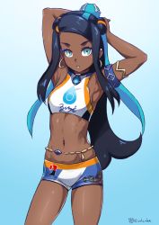 Rule 34 | 1girl, armlet, armpits, arms up, artist name, bare shoulders, bikini, black hair, blue background, blue eyes, blue hair, breasts, creatures (company), dark-skinned female, dark skin, earrings, finalcake, game freak, gluteal fold, gradient background, gym leader, hoop earrings, jewelry, long hair, looking at viewer, midriff, multicolored hair, navel, necklace, nessa (pokemon), nintendo, pokemon, pokemon swsh, shorts, simple background, solo, sportswear, standing, stomach, swimsuit, tankini