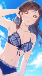 Rule 34 | 1girl, armpits, bare arms, bikini, blue bikini, blue ribbon, blue sky, breasts, brown hair, cleavage, collarbone, day, floating hair, front-tie bikini top, front-tie top, hand in own hair, idolmaster, idolmaster million live!, kitazawa shiho, long hair, looking at viewer, medium breasts, navel, open mouth, outdoors, ribbon, sky, solo, straight hair, swimsuit, touon, yellow eyes