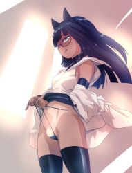Rule 34 | 1girl, animal ears, bare shoulders, black thighhighs, blunt bangs, blush, breasts, brown hair, cat ears, clothes lift, collar, detached sleeves, dress, dress lift, ez6, fake animal ears, fat mons, g-string, gauntlets, groin, kemonomimi mode, licking lips, long hair, looking at viewer, naughty face, navel, original, sailor dress, shirt, small breasts, smile, solo, string pull, tan, tanline, thighhighs, thighs, thong, tongue, tongue out, underwear, wide sleeves, yellow eyes