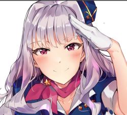 Rule 34 | 1girl, bandana, blue hat, blue jacket, blush, closed mouth, commentary request, gloves, hair intakes, half gloves, hand up, hat, idolmaster, idolmaster (classic), jacket, korean commentary, long hair, looking at viewer, purple eyes, purple hair, salute, shijou takane, short sleeves, smile, solo, tuxedo de cat, upper body, white gloves