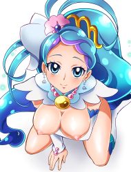 Rule 34 | 1girl, absurdres, bad id, bad pixiv id, blue eyes, blue hair, boots, breasts, breasts out, cure mermaid, earrings, from above, full body, go! princess precure, highres, jewelry, kaidou minami, knee boots, large breasts, long hair, magical girl, matching hair/eyes, multicolored hair, nipples, precure, purple hair, sharumon, shiny skin, simple background, sitting, smile, solo, streaked hair, two-tone hair, wariza, white background