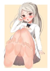 Rule 34 | 1girl, :o, absurdres, aruka0807, barefoot, blush, breasts, brown eyes, cleavage, conte di cavour (kancolle), dress, feet, foot focus, foreshortening, grey hair, highres, kantai collection, long hair, long sleeves, medium breasts, open mouth, simple background, soles, solo, toes, two-tone background, white dress