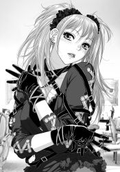 Rule 34 | 1boy, 1girl, :o, blush, breasts, buckle, choker, cleavage, collarbone, crossed arms, dress, earrings, gloves, greyscale, hair ornament, hair scrunchie, head tilt, highres, jewelry, lips, looking at viewer, lots of jewelry, monochrome, my doll house, open mouth, original, scrunchie, solo, twintails, upper body, yui toshiki