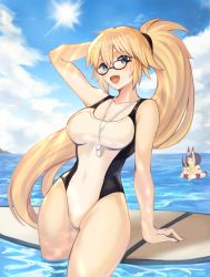 Rule 34 | 3girls, absurdly long hair, arm support, bikini, black-framed eyewear, black bikini, bob cut, breasts, closed eyes, cloud, cloudy sky, commentary request, competition swimsuit, day, eyebrows hidden by hair, facial mark, fate/grand order, fate (series), forehead mark, glasses, hair between eyes, high ponytail, highres, horns, ibaraki douji (fate), jeanne d&#039;arc (fate), jeanne d&#039;arc (ruler) (fate), jeanne d&#039;arc (swimsuit archer) (fate), jeanne d&#039;arc (swimsuit archer) (second ascension) (fate), large breasts, long hair, multiple girls, ocean, one-piece swimsuit, oni, outdoors, pointy ears, ponytail, purple hair, short eyebrows, short hair, shuten douji (fate), skin-covered horns, sky, sookmo, sun, swimsuit, very long hair, wading, water, whistle, whistle around neck, white one-piece swimsuit