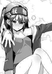 Rule 34 | 1girl, alternate costume, blindfold, breasts, camisole, casual, clothes writing, commentary request, greyscale, jacket, kantai collection, koruri, monochrome, outstretched arms, sendai (kancolle), short hair, sitting, sleep mask, small breasts, solo, spoken blush, two side up