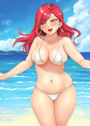 Rule 34 | 1girl, bikini, blush, breasts, cleavage, highres, large breasts, long hair, medium breasts, mikan kougyou, navel, open mouth, plump, purple eyes, red hair, smile, solo, swimsuit, tagme