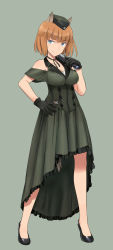 Rule 34 | 1girl, 502nd joint fighter wing (emblem), alternate costume, black gloves, blue eyes, brave witches, breasts, brown hair, dress, formal, full body, gloves, green dress, gundula rall, hat, high heels, large breasts, looking at viewer, microphone, shimada fumikane, short hair, simple background, smile, solo, world witches series