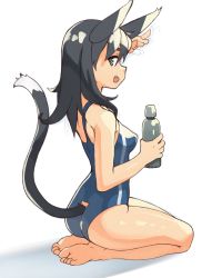 Rule 34 | 1girl, :d, animal ears, bare legs, barefoot, black hair, blue one-piece swimsuit, bottle, breasts, cat ears, cat girl, cat tail, commentary, english commentary, fang, from side, full body, green eyes, hand up, highres, holding, holding bottle, impossible clothes, impossible swimsuit, long hair, looking at viewer, looking back, looking to the side, medium breasts, one-piece swimsuit, open mouth, original, school swimsuit, seiza, sideways glance, sideways mouth, simple background, sitting, smile, solo, swimsuit, tail, tail raised, vins-mousseux, white background