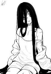 1girl absurdres alternate_costume closed_mouth collarbone commentary english_commentary greyscale highres hood hoodie long_hair looking_at_viewer lughost monochrome saeki_kayako scar shorts signature simple_background solo strap_slip the_grudge very_long_hair white_background wide-eyed