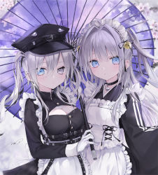 Rule 34 | 2girls, absurdres, ahoge, apron, bell, black choker, black dress, black headwear, black ribbon, blue eyes, breasts, choker, cleavage cutout, closed mouth, clothing cutout, commentary request, cross-laced clothes, double vertical stripe, dress, ear piercing, gloves, hair bell, hair intakes, hair ornament, hat, heart-shaped lock, heterochromia, highres, holding, holding umbrella, jingle bell, large breasts, long sleeves, looking at viewer, maid, maid headdress, mashiro shiki, mikuro (si10ra), multicolored hair, multiple girls, oil-paper umbrella, original, peaked cap, piercing, pink eyes, ribbon, shigure (si10ra), sleeve cuffs, streaked hair, twintails, two side up, umbrella, wa maid, white apron, white gloves, wide sleeves