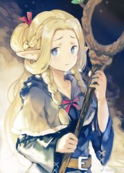 Rule 34 | 1girl, belt, blonde hair, blue dress, blue eyes, braid, capelet, closed mouth, commentary request, dress, dungeon meshi, elf, holding, long sleeves, looking at viewer, marcille donato, neck ribbon, pointy ears, red ribbon, ribbon, sibyl, solo, staff, two-handed, wide sleeves