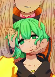 Rule 34 | 2girls, blonde hair, closed mouth, commentary request, expressionless, fingernails, frilled shirt collar, frills, green eyes, green hair, hair between eyes, hand in another&#039;s hair, hand on another&#039;s cheek, hand on another&#039;s face, head out of frame, highres, komeiji koishi, kurodani yamame, long hair, looking at viewer, matara okina, multiple girls, open mouth, rinyamame, sharp fingernails, shirt, touhou, upper body, very long hair, yellow shirt