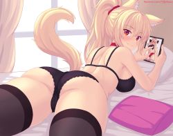 Rule 34 | 1girl, abs, animal ear fluff, animal ears, arms up, ass, bare arms, bare shoulders, bed, black panties, black thighhighs, blonde hair, blush, bow, bra, breasts, cameltoe, cat ears, cat girl, cat tail, cleft of venus, closed mouth, collar, from behind, hair bow, hair tie, highres, indoors, large breasts, long hair, looking at viewer, looking back, lying, navel, nottytiffy, on stomach, original, panties, patreon username, paw print, pillow, pink bow, ponytail, red eyes, sidelocks, smile, tablet pc, tail, thighhighs, thighs, tiffy (nottytiffy), underwear, white thighhighs