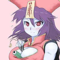 Rule 34 | 1girl, bad id, bad pixiv id, between breasts, blue skin, blush, breasts, capcom, chinese clothes, cleavage, cleavage cutout, clothing cutout, colored skin, jiangshi, kunai, large breasts, lei lei, purple hair, red eyes, scroll, short hair, solo, tsukudani (coke-buta), vampire (game), weapon, zombie