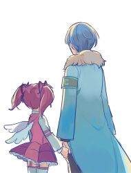 Rule 34 | 1boy, 1girl, armband, black pants, blue coat, blue hair, coat, commentary request, employee (project moon), fake wings, from behind, fur-trimmed coat, fur trim, garter straps, height difference, holding hands, lobotomy corporation, long sleeves, medu (rubish), pants, pink skirt, pink vest, pleated skirt, project moon, purple hair, shirt, short hair, short twintails, simple background, sketch, skirt, thighhighs, twintails, vest, white background, white shirt, white thighhighs, wings