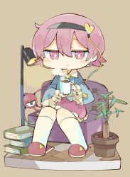 Rule 34 | 1girl, baron (x5qgeh), blouse, blue shirt, blue sleeves, blush, book, brown background, buttons, closed mouth, coffee, coffee cup, collar, couch, cup, disposable cup, floor, grey hairband, hair between eyes, hairband, hands up, heart, heart-shaped pupils, highres, komeiji satori, lamp, leaf, long sleeves, looking at viewer, pink eyes, pink footwear, pink hair, pink skirt, plant, pot, potted plant, red eyes, shirt, short hair, simple background, sitting, skirt, slippers, socks, solo, symbol-shaped pupils, touhou, white collar, white socks