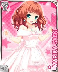 Rule 34 | 1girl, bare shoulders, bow, character name, collarbone, dress, earrings, girlfriend (kari), green eyes, hair bow, jewelry, medium hair, necklace, official art, open mouth, pink background, qp:flapper, red hair, saeki marika, smile, standing, tagme, wavy hair, wedding dress, white bow