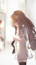 Rule 34 | 1girl, absurdres, aisaka taiga, black thighhighs, blurry, blurry background, brown eyes, brown hair, collared shirt, commentary, commentary request, cowboy shot, cynist1, english commentary, from side, hair between eyes, highres, holding, holding clothes, long hair, long sleeves, looking down, mirror, mixed-language commentary, shirt, solo, standing, thighhighs, toradora!, white shirt