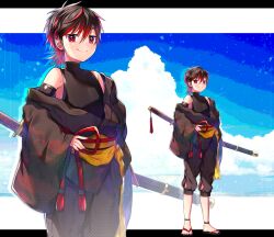 Rule 34 | 1boy, akirannu, black footwear, black hair, black kimono, black shirt, black shorts, closed mouth, cloud, cloudy sky, ear piercing, full body, hair between eyes, hand on own hip, highres, japanese clothes, katana, kimono, letterboxed, looking at viewer, low ponytail, male focus, multicolored hair, obi, obijime, original, outside border, piercing, red eyes, red hair, sandals, sash, sheath, sheathed, shirt, short kimono, short ponytail, shorts, sky, sleeveless, sleeveless shirt, sleeves past wrists, smile, solo, standing, sword, tassel, two-tone hair, weapon, wide sleeves, zoom layer, zouri