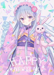 Rule 34 | 1girl, blue hair, blush, bow, brown eyes, closed mouth, commentary request, flower, frilled sleeves, frills, hair between eyes, hair bow, hair flower, hair ornament, happy new year, holding, holding stuffed toy, japanese clothes, kimono, lala tramont, long hair, long sleeves, looking at viewer, new year, obi, original, pink flower, pink kimono, pink rose, purple bow, rose, sash, sleeves past fingers, sleeves past wrists, smile, solo, stuffed animal, stuffed rabbit, stuffed toy, very long hair, wide sleeves, yuuki rika