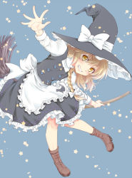 Rule 34 | 1girl, apron, black dress, blonde hair, blue background, boots, bow, braid, broom, brown footwear, buttons, clenched teeth, double-breasted, dress, frilled apron, frilled dress, frills, full body, grin, hat, hat bow, highres, juliet sleeves, kirisame marisa, komiru, long sleeves, looking at viewer, medium hair, puffy sleeves, shirt, side braid, smile, solo, star (symbol), teeth, touhou, turtleneck, v-shaped eyebrows, waist apron, white bow, white shirt, witch hat, yellow eyes