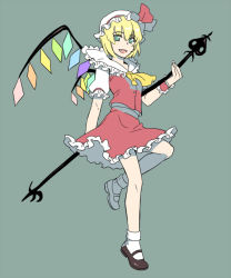 Rule 34 | 1girl, ascot, bad id, bad pixiv id, blonde hair, cosplay, dress, female focus, flandre scarlet, flandre scarlet (cosplay), green eyes, hat, inazuma eleven, inazuma eleven (series), mary janes, moros1, rushe (inazuma eleven), shoes, short hair, solo, touhou, wings