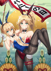 Rule 34 | 2girls, ahoge, animal ears, aqua eyes, artoria pendragon (all), artoria pendragon (fate), bare shoulders, black bow, black footwear, black pantyhose, blonde hair, blue leotard, blush, bow, bowtie, braid, breasts, brown pantyhose, carrying, carrying person, collarbone, detached collar, egasumi, fake animal ears, fate/grand order, fate (series), french braid, gloves, grin, highres, kadomatsu, leotard, long hair, looking at viewer, meme attire, mordred (fate), mordred (fate/apocrypha), mother and daughter, multiple girls, pantyhose, playboy bunny, ponytail, princess carry, rabbit ears, red leotard, red scrunchie, revision, saber (fate), scrunchie, sidelocks, small breasts, smile, smirk, teeth, thigh strap, thighs, tonee, translucent bunnysuit, white gloves