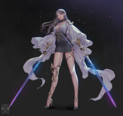 Rule 34 | 1girl, absurdres, artist name, breasts, choker, dark background, dress, dual wielding, evening gown, gauntlets, glowing, glowing sword, glowing weapon, grey eyes, grey hair, high heels, highres, holding, large breasts, lips, long hair, love cacao, original, puffy sleeves, solo, star (symbol), starry background, sword, weapon