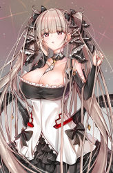 Rule 34 | 1girl, absurdres, azur lane, bare shoulders, between breasts, black dress, breasts, cleavage, clothing cutout, detached collar, dress, flight deck, formidable (azur lane), frilled dress, frills, gothic lolita, hair ribbon, hand on own cheek, hand on own face, highres, large breasts, lolita fashion, long hair, neckwear between breasts, platinum blonde hair, red eyes, ribbon, sera4, shoulder cutout, simple background, solo, twintails, two-tone dress, two-tone ribbon, very long hair