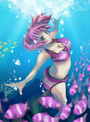 Rule 34 | 00s, 1girl, ass, bikini, breasts, cleavage, coral, female focus, fish, freediving, gradient background, green eyes, hair ribbon, highres, large breasts, nature, ocean, ooyake masao, pink hair, plant, ribbon, short twintails, solo, swimming, swimsuit, tankini, twintails, umi monogatari, underwater, unzipped, urin (umi monogatari)