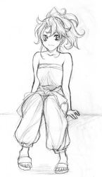 Rule 34 | 1girl, breasts, commentary request, curly hair, dragon quest, dragon quest vii, dress, greyscale, maribel (dq7), mayakaek, monochrome, monochrome, ponytail, short hair, solo